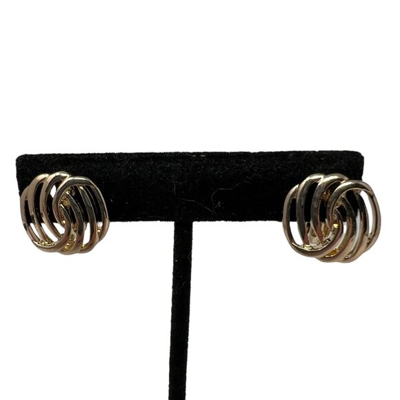 HMN Earrings Shiny Gold Tone Intertwined Ovals Vintage Clip On - Picture 10 of 10